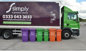 Simply Waste Solutions colour coded 240 litre wheelie bins for residual, glass and food waste, in front of truck