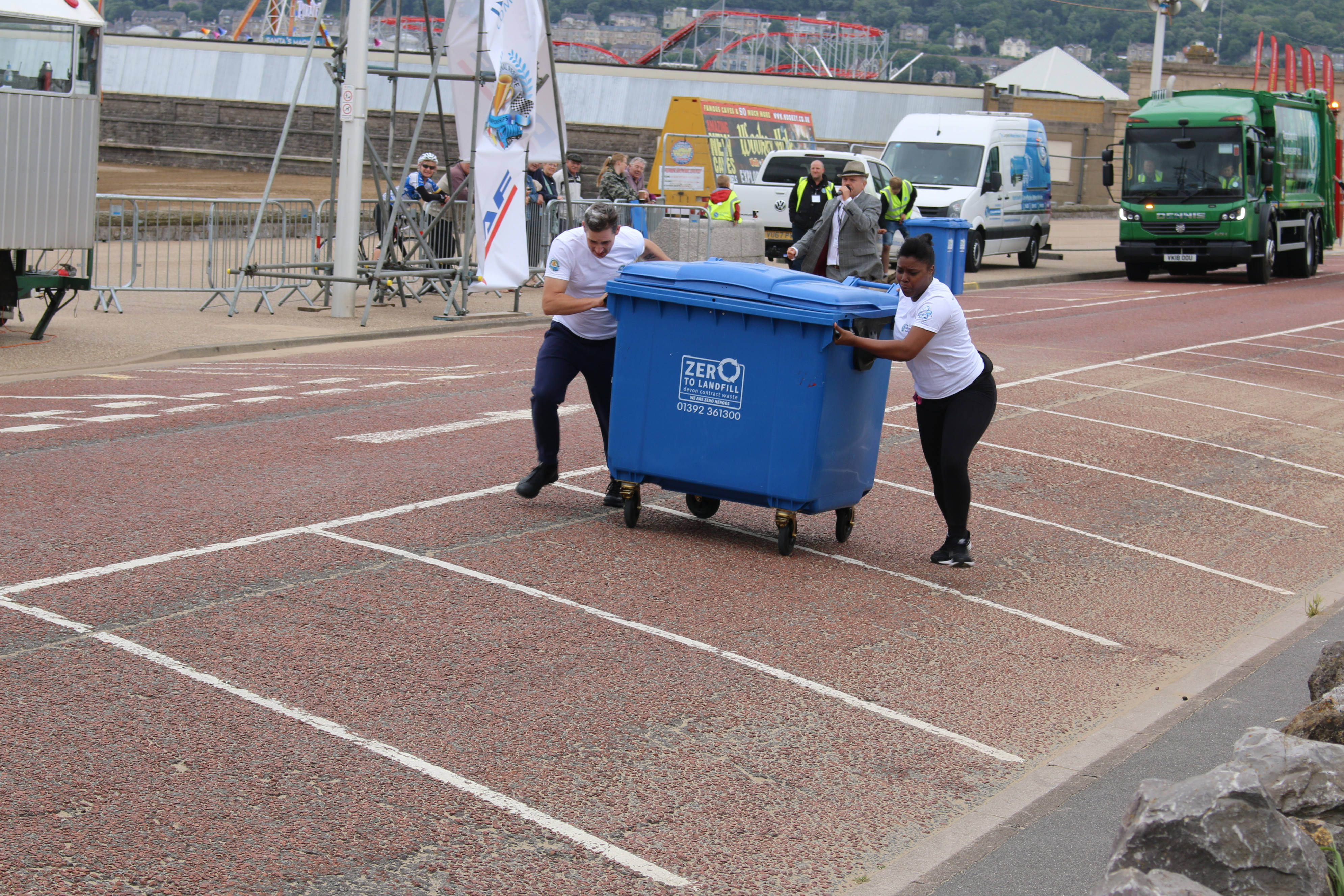 National Refuse Championships. Pushing wheelie bin to finish line