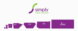 Simply Waste Solutions range of waste containers graphic. Bags, wheeled bins, rel, skip, compactor and roro