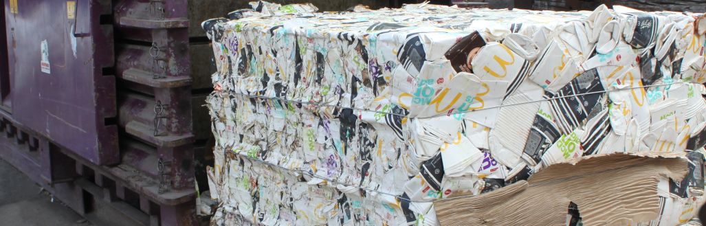 Baled paper and plastic coffee cups ready to be recycled through the Simply Cups UK scheme