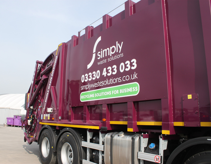 Side view of Simply Waste Solutions 2019 plate rear end loader (rel) truck