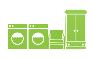 Clearance graphic with washing machines, armchair and wardrobe