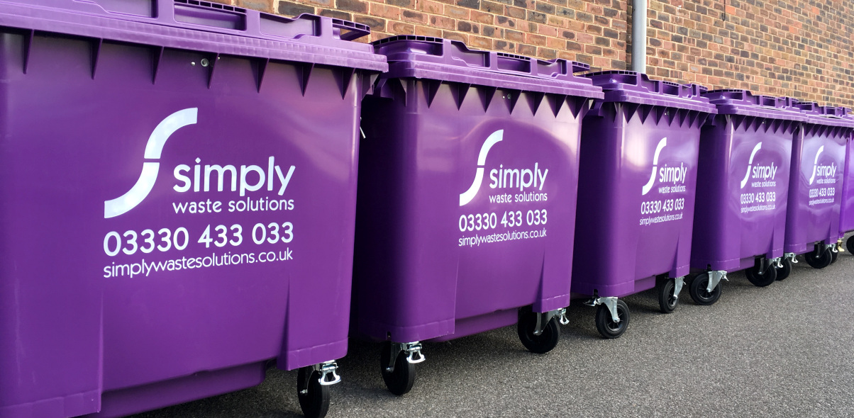 Simply Waste Solutions 1100 Litre purple wheelie bins used for general waste or dry mixed recycling