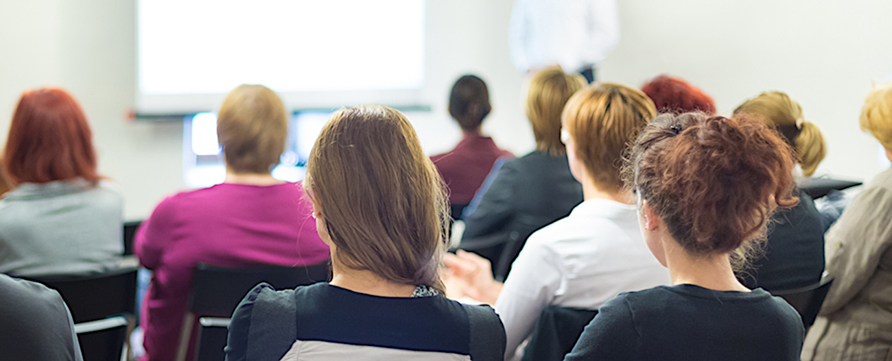 Speaker at business workshop and presentation. Audience at the conference room.