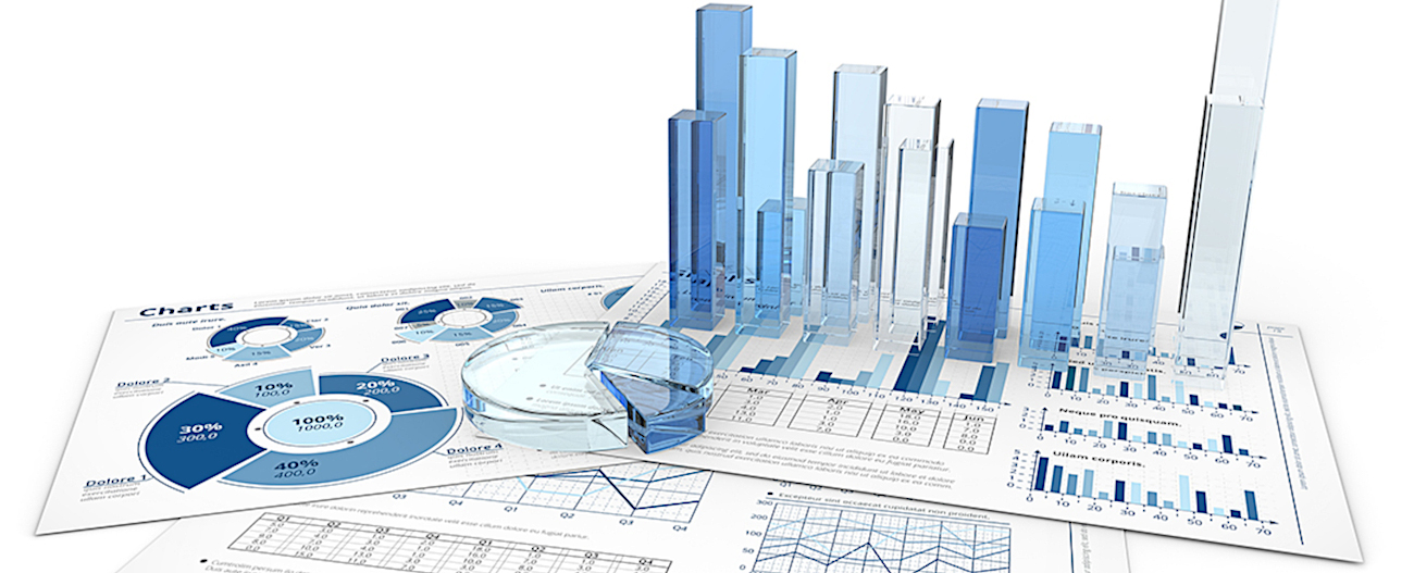 Blue infographics documents with 3D graphs and charts of glass.